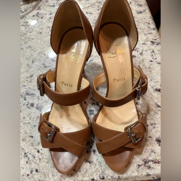 Authentic Christian Louboutin 38.5 brown/tan d’orsey sandal heel shoes - Picture 1 of 10